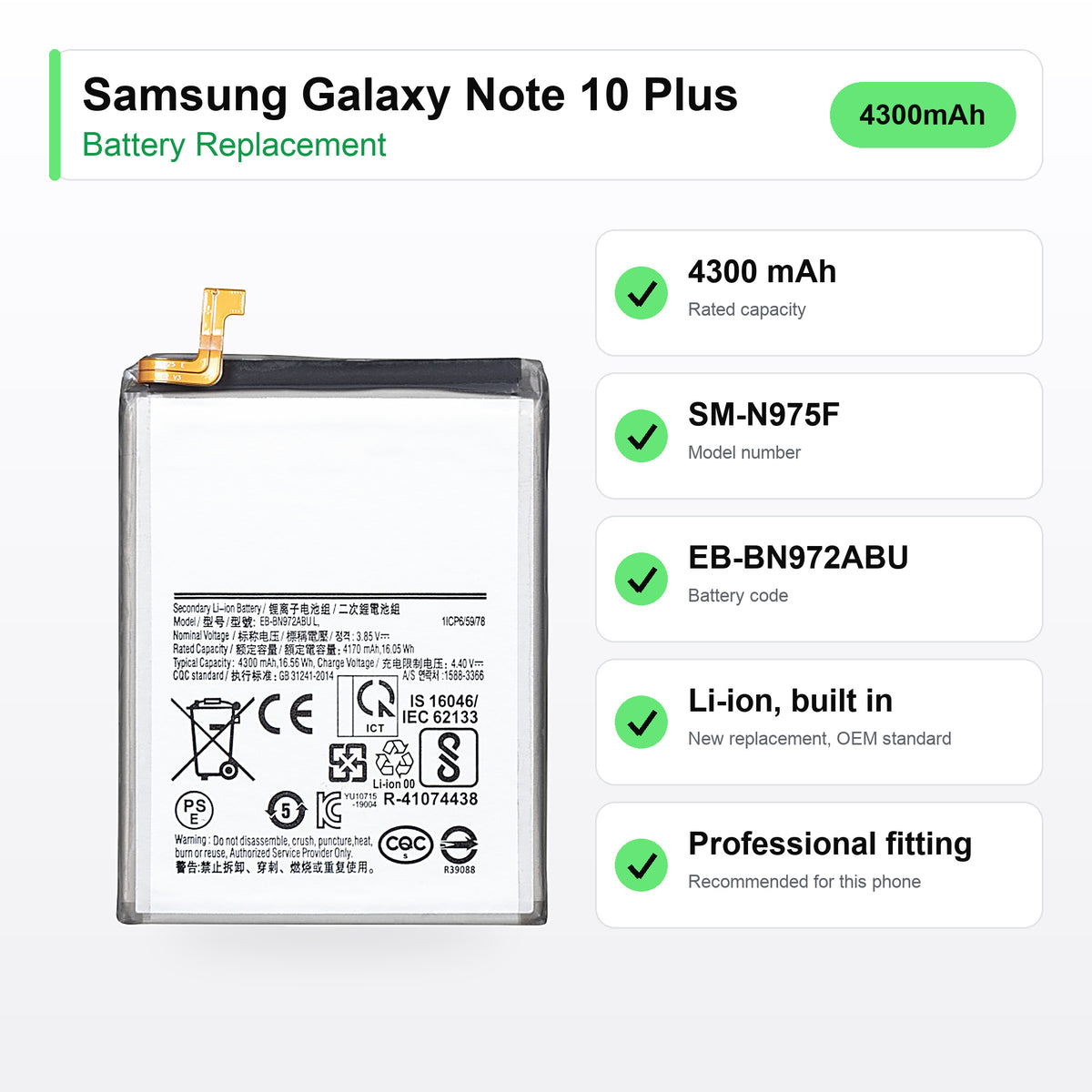 Samsung Galaxy Note 10 Plus battery replacement specs: 4300 mAh, SM-N975F, EB-BN972ABU