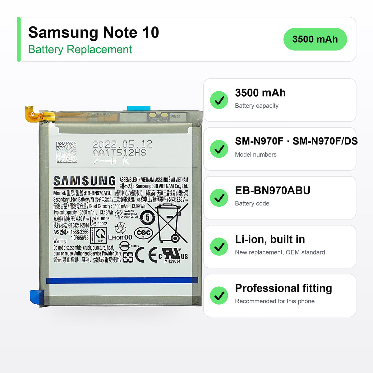 Samsung Note 10 battery replacement specs: 3500 mAh, SM-N970F, EB-BN970ABU