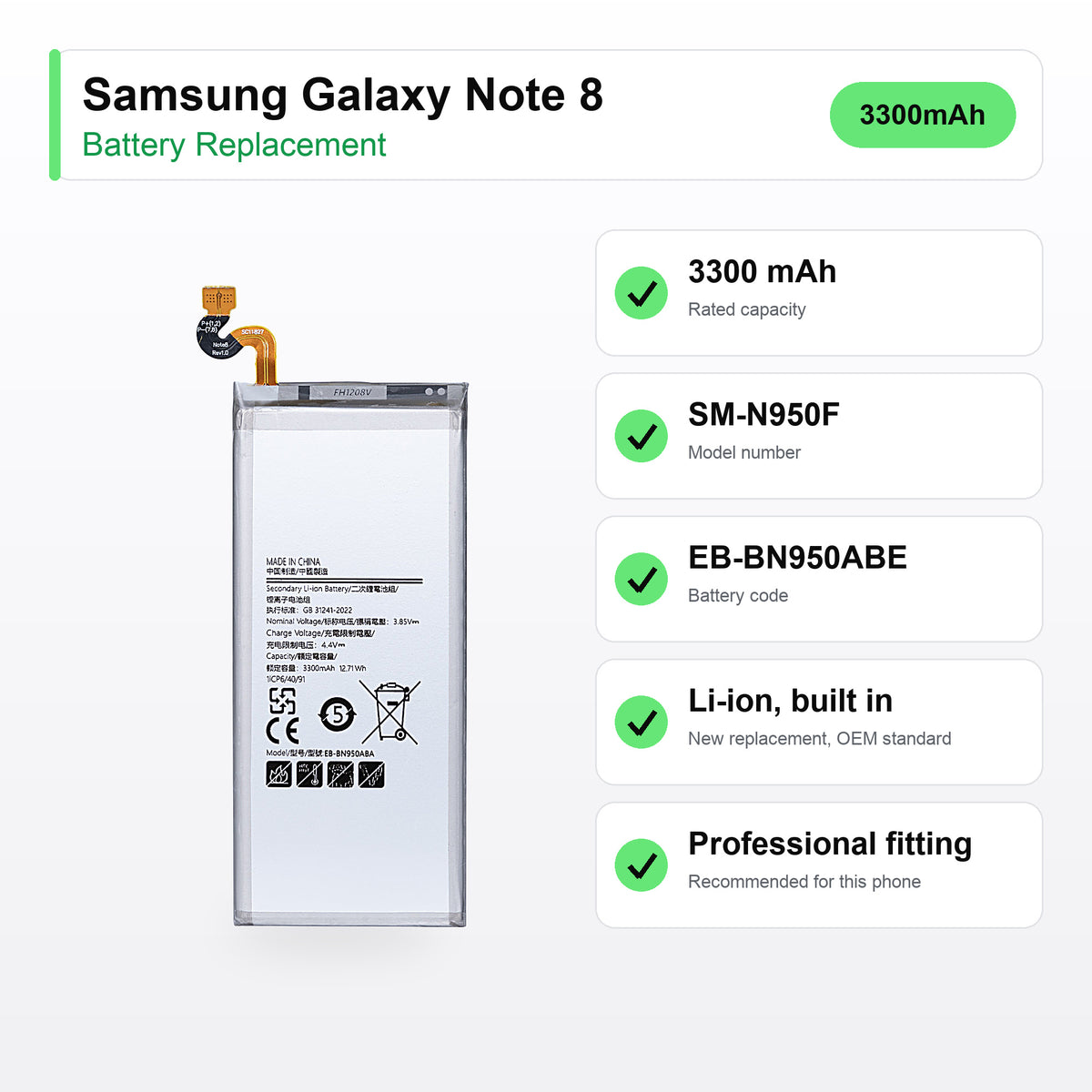 Samsung Galaxy Note 8 battery replacement specs: 3300 mAh, SM-N950F, EB-BN950ABE