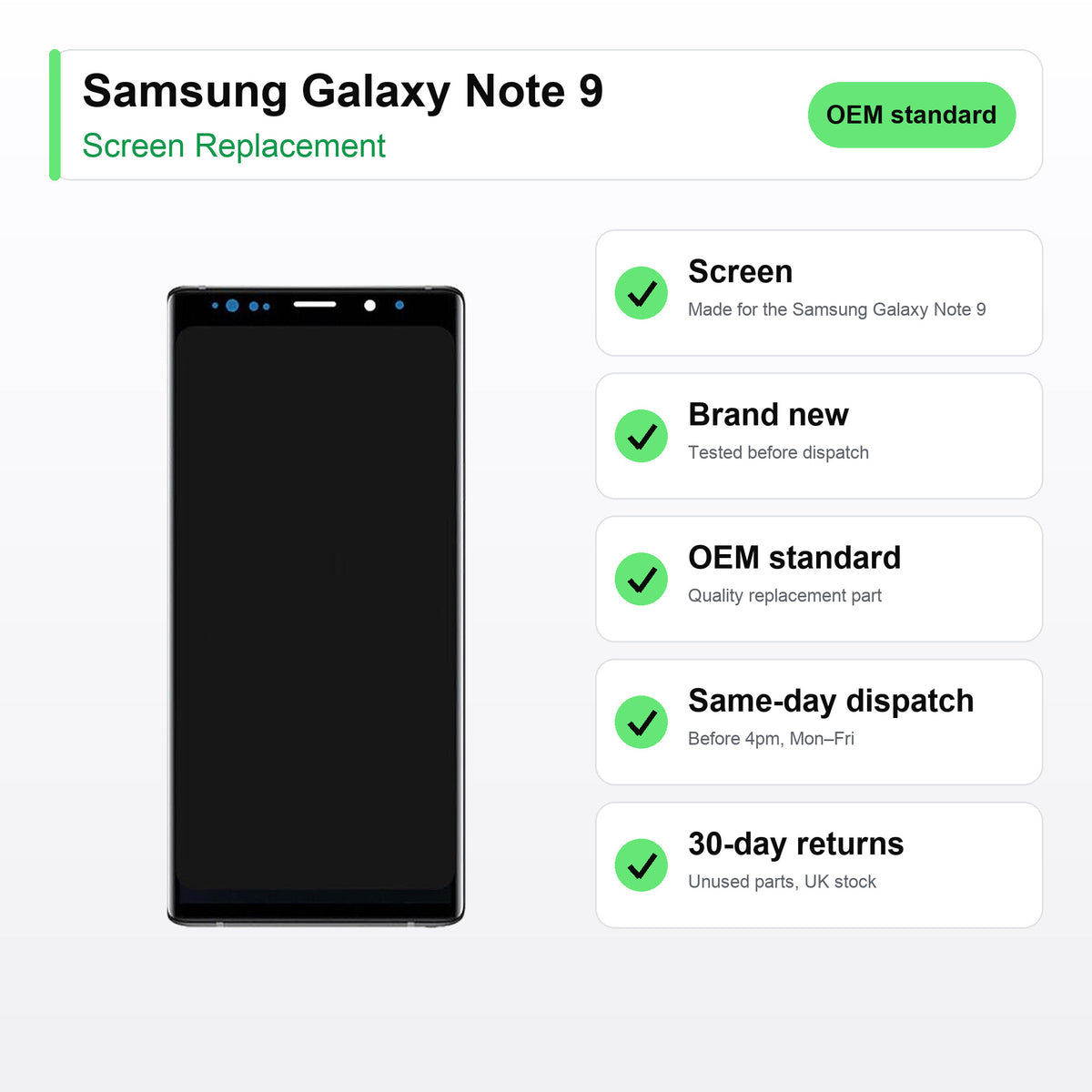 Samsung Galaxy Note 9 screen key facts: brand new, tested, same-day UK dispatch