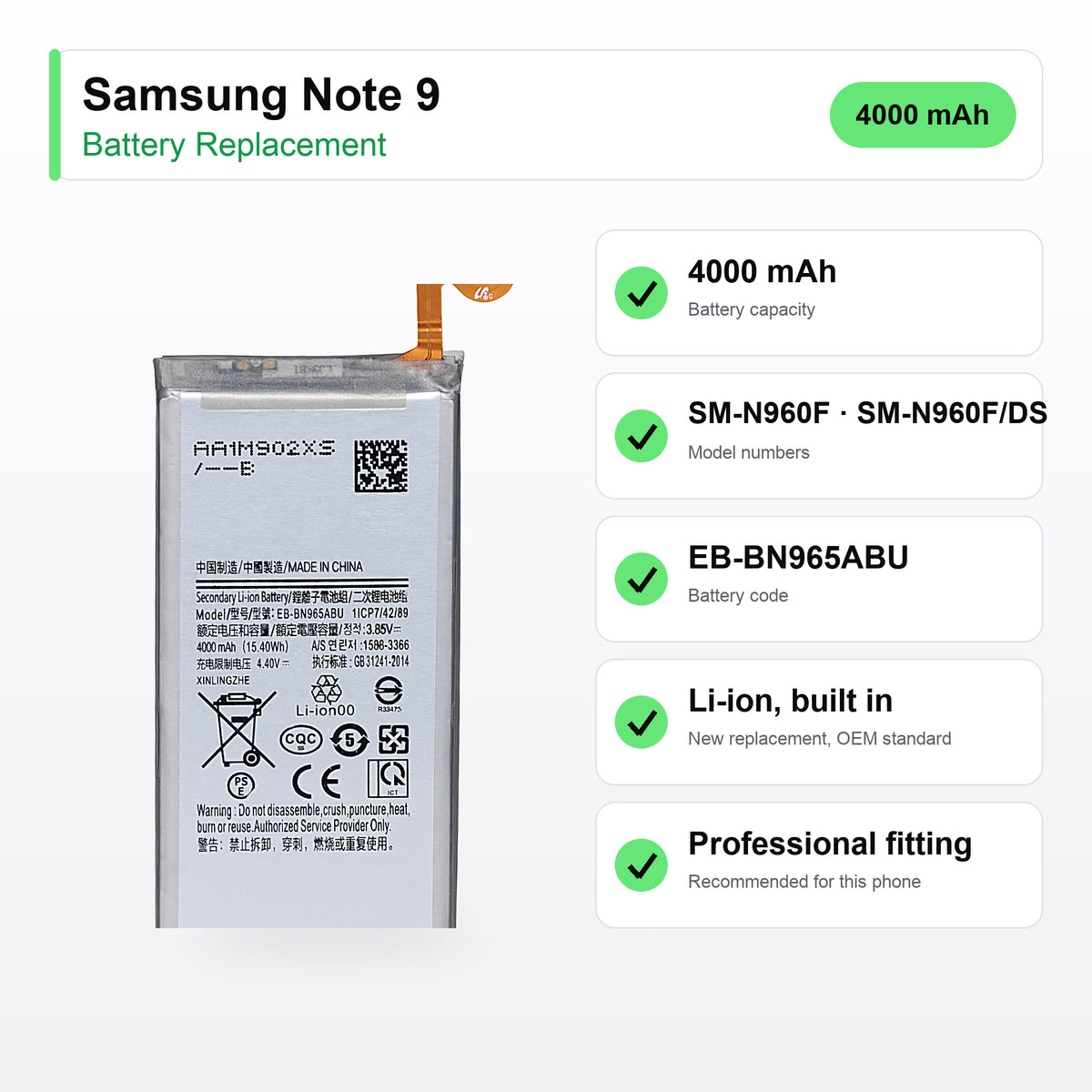 Samsung Note 9 battery replacement specs: 4000 mAh, SM-N960F, EB-BN965ABU