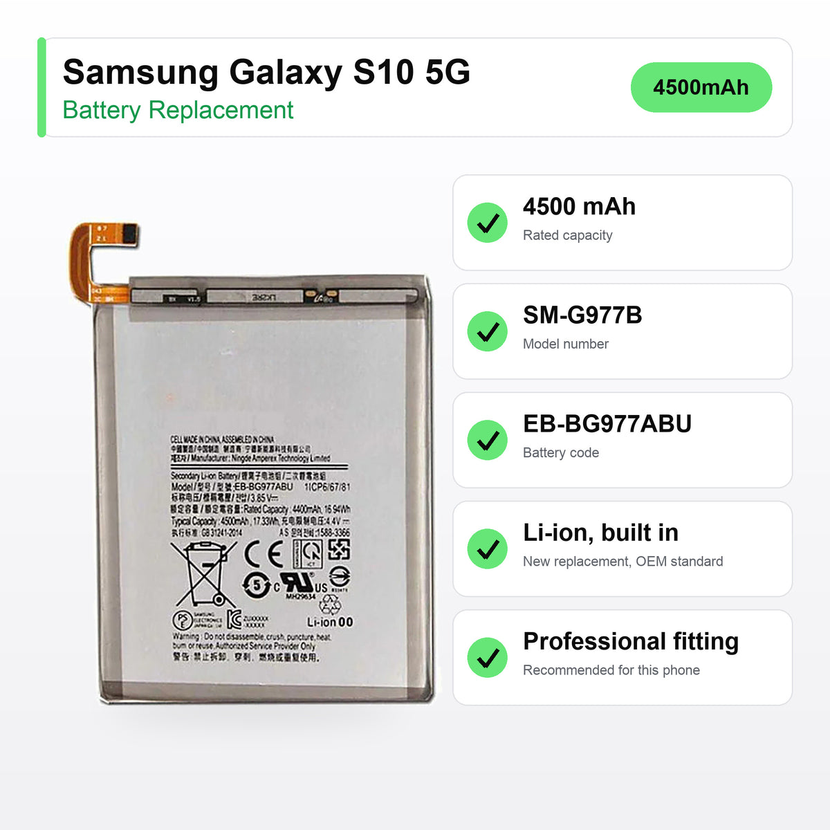 Samsung Galaxy S10 5G battery replacement specs: 4500 mAh, SM-G977B, EB-BG977ABU