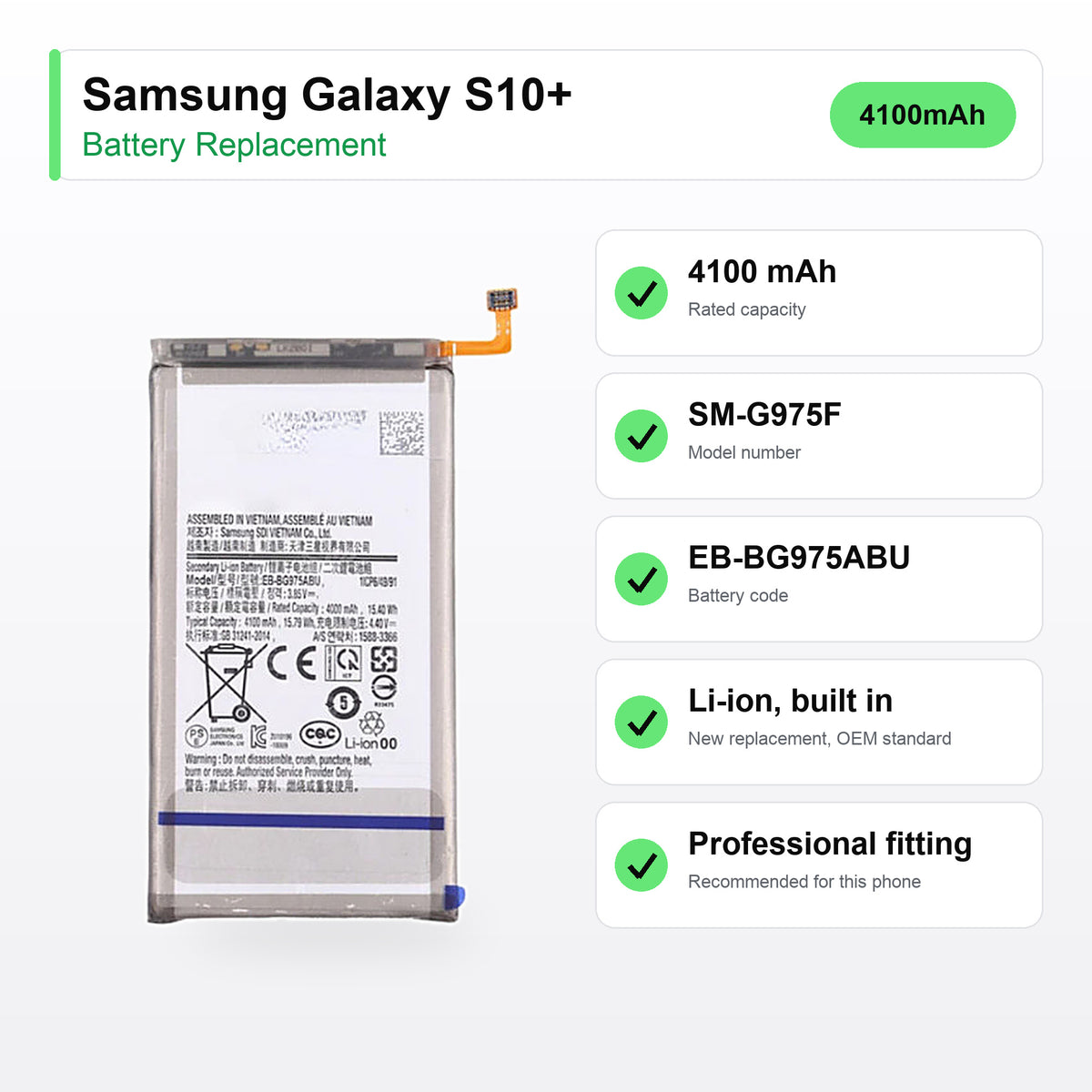 Samsung Galaxy S10+ battery replacement specs: 4100 mAh, SM-G975F, EB-BG975ABU