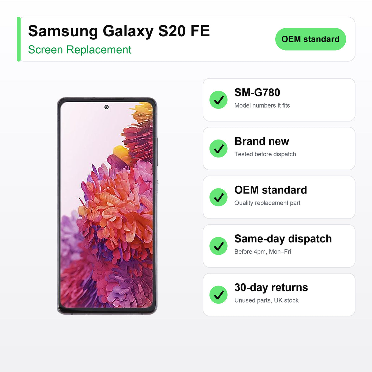 Samsung Galaxy S20 FE screen key facts: brand new, tested, same-day UK dispatch