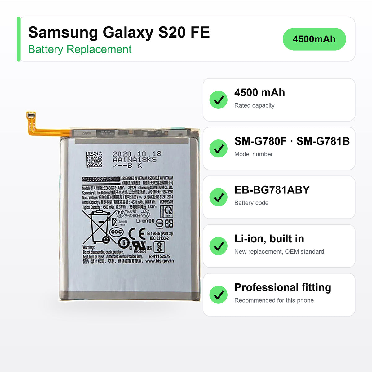 Samsung Galaxy S20 FE battery replacement specs: 4500 mAh, SM-G780F, EB-BG781ABY