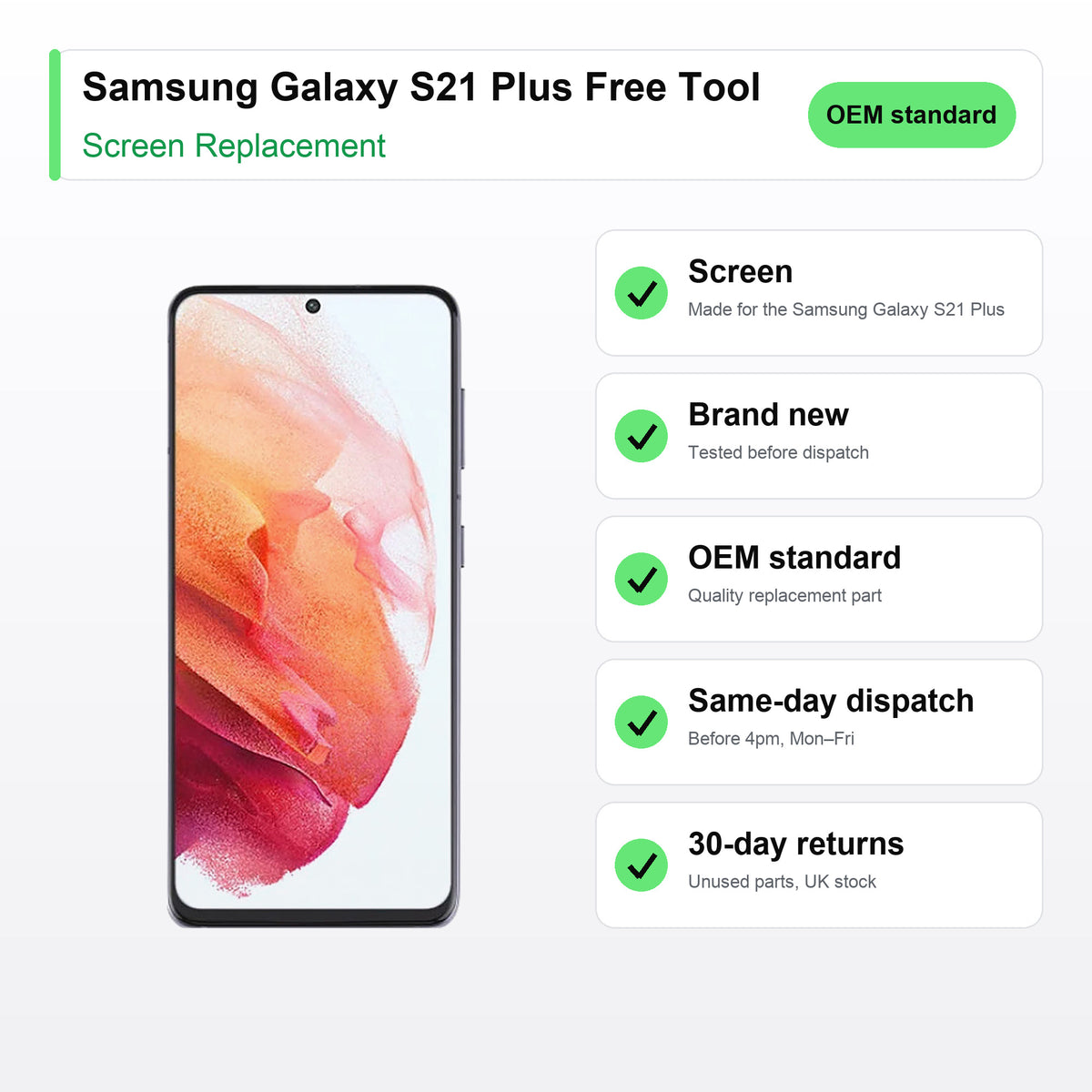 Samsung Galaxy S21 Plus Free Tool screen key facts: brand new, tested, same-day UK dispatch