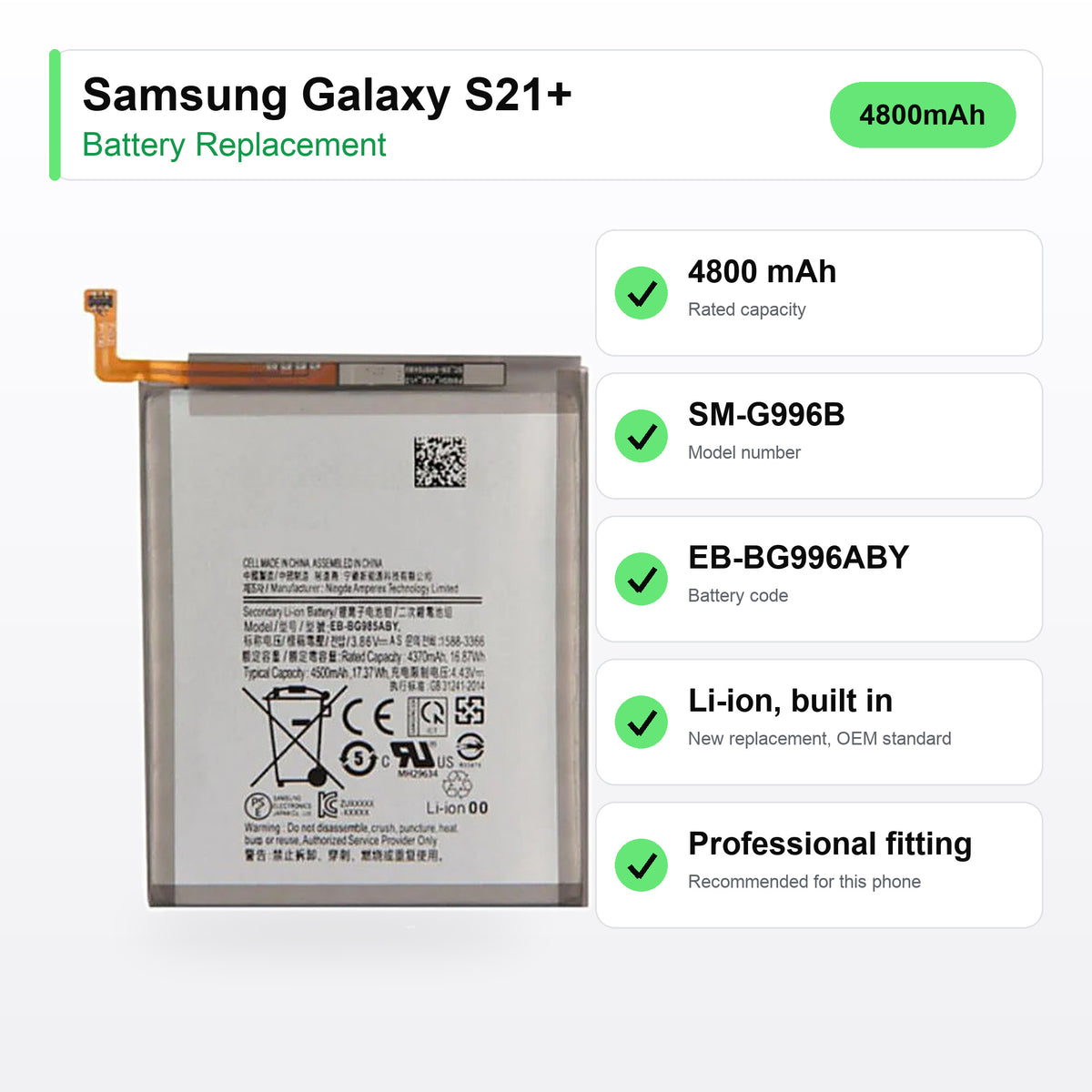Samsung Galaxy S21+ battery replacement specs: 4800 mAh, SM-G996B, EB-BG996ABY