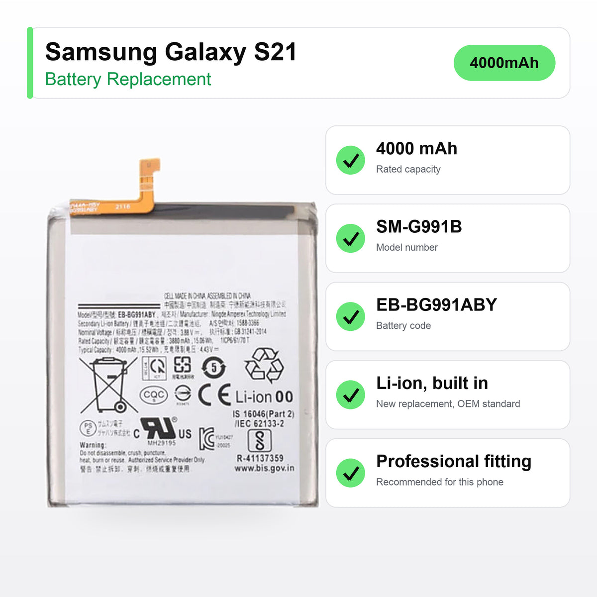 Samsung Galaxy S21 battery replacement specs: 4000 mAh, SM-G991B, EB-BG991ABY