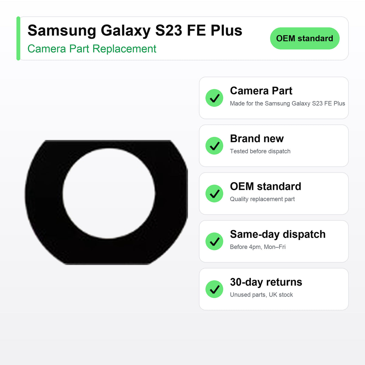 Samsung Galaxy S23 FE Plus camera lens key facts: brand new, tested, same-day UK dispatch
