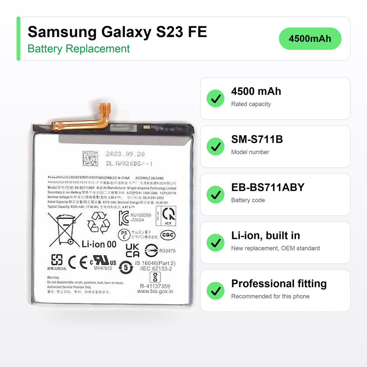 Samsung Galaxy S23 FE battery replacement specs: 4500 mAh, SM-S711B, EB-BS711ABY