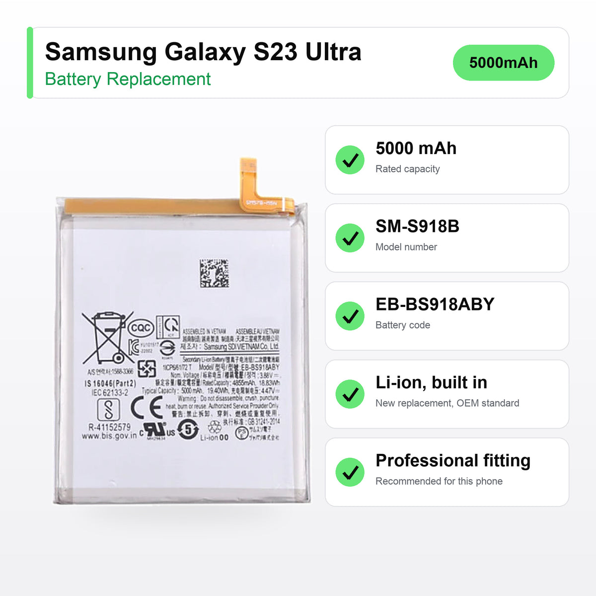 Samsung Galaxy S23 Ultra battery replacement specs: 5000 mAh, SM-S918B, EB-BS918ABY
