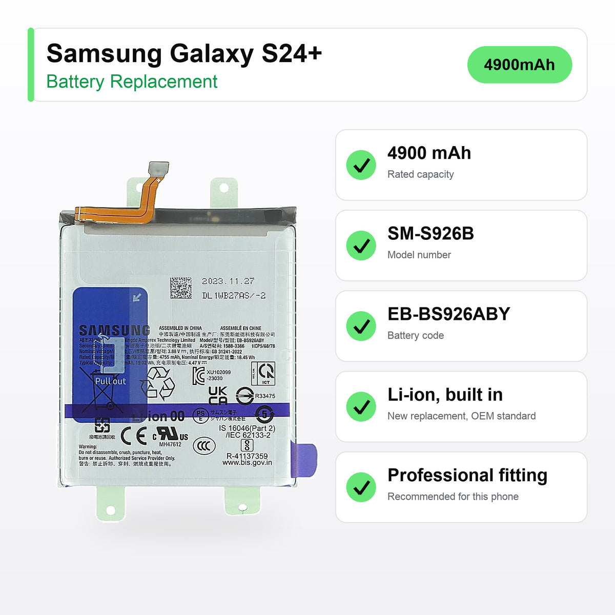 Samsung Galaxy S24+ battery replacement specs: 4900 mAh, SM-S926B, EB-BS926ABY