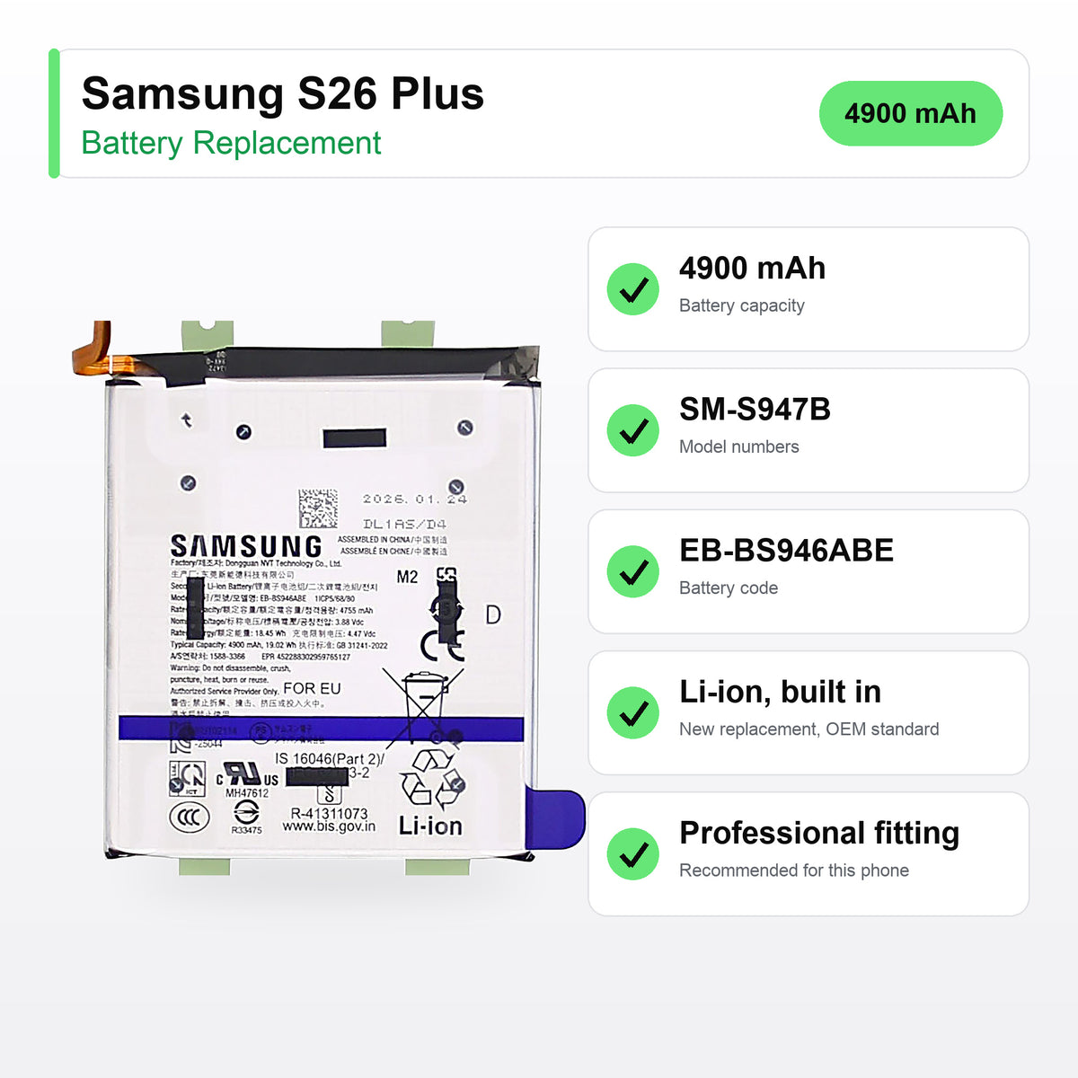 Samsung S26 Plus battery replacement specs: 4900 mAh, SM-S947B, EB-BS946ABE