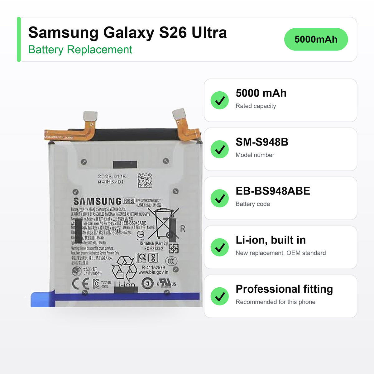 Samsung Galaxy S26 Ultra battery replacement specs: 5000 mAh, SM-S948B, EB-BS948ABE