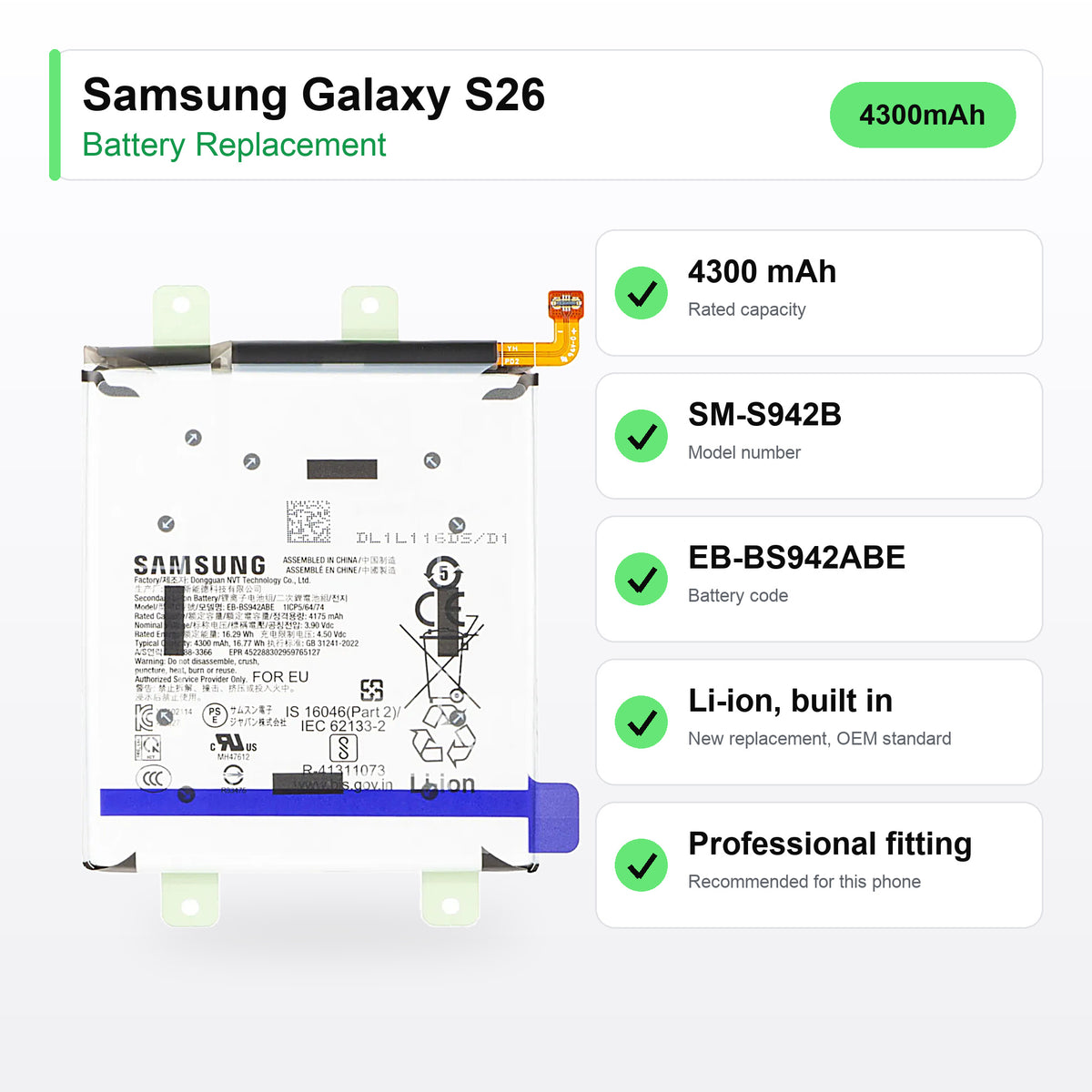 Samsung Galaxy S26 battery replacement specs: 4300 mAh, SM-S942B, EB-BS942ABE