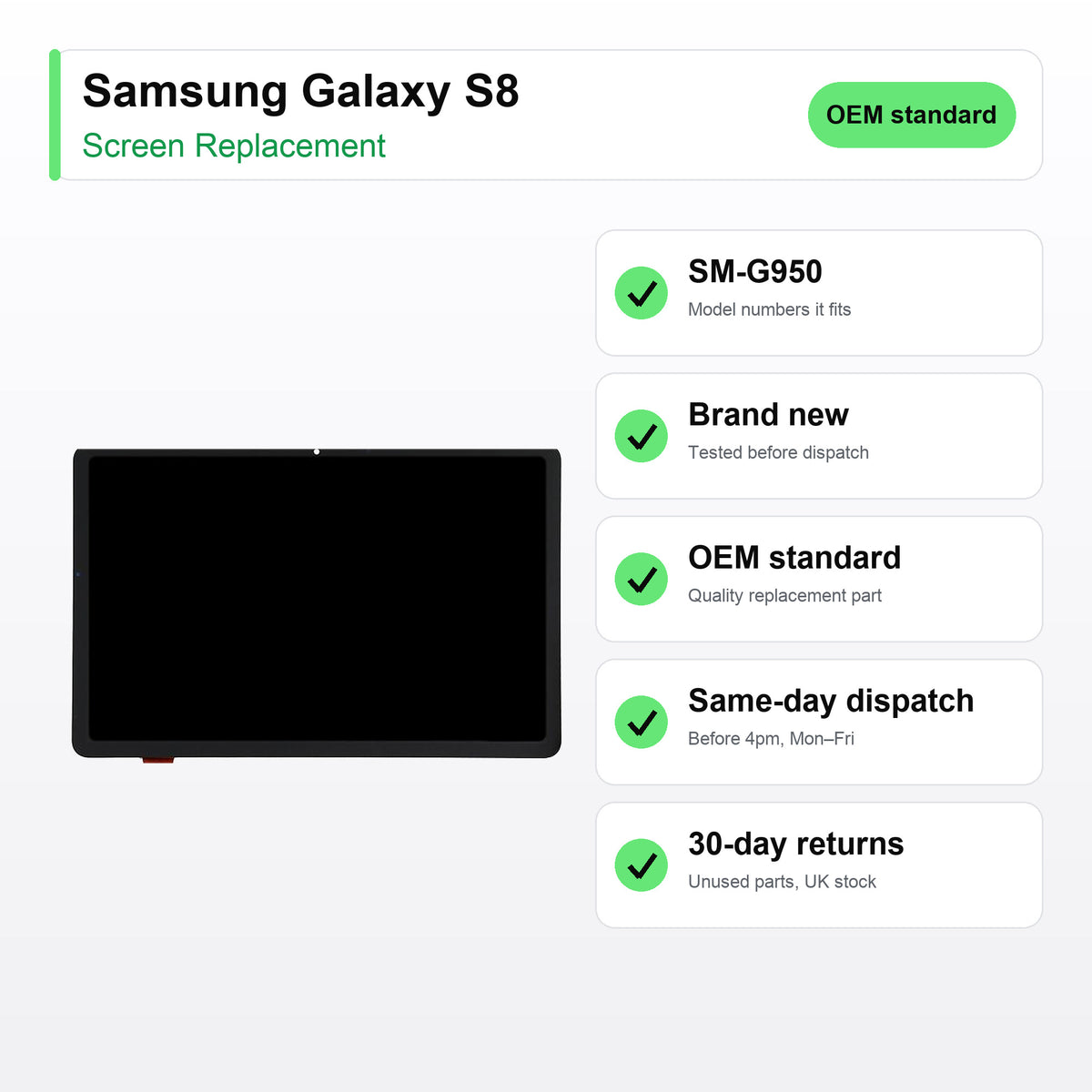 Samsung Galaxy S8 screen key facts: brand new, tested, same-day UK dispatch