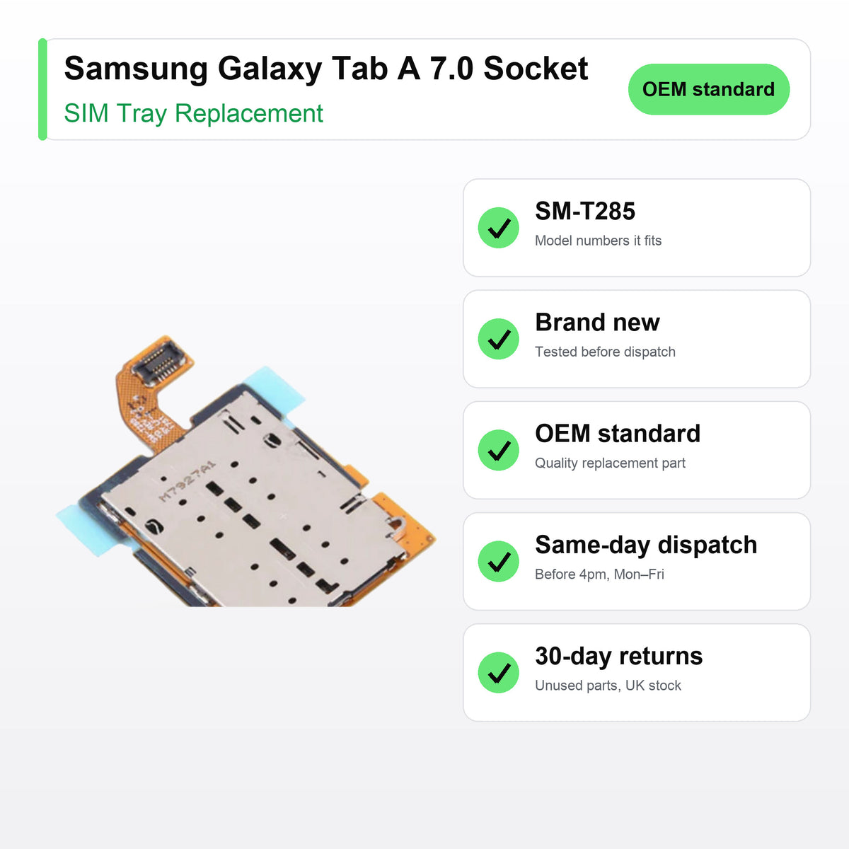 Samsung Galaxy Tab A 7.0 Socket SIM tray key facts: brand new, tested, same-day UK dispatch