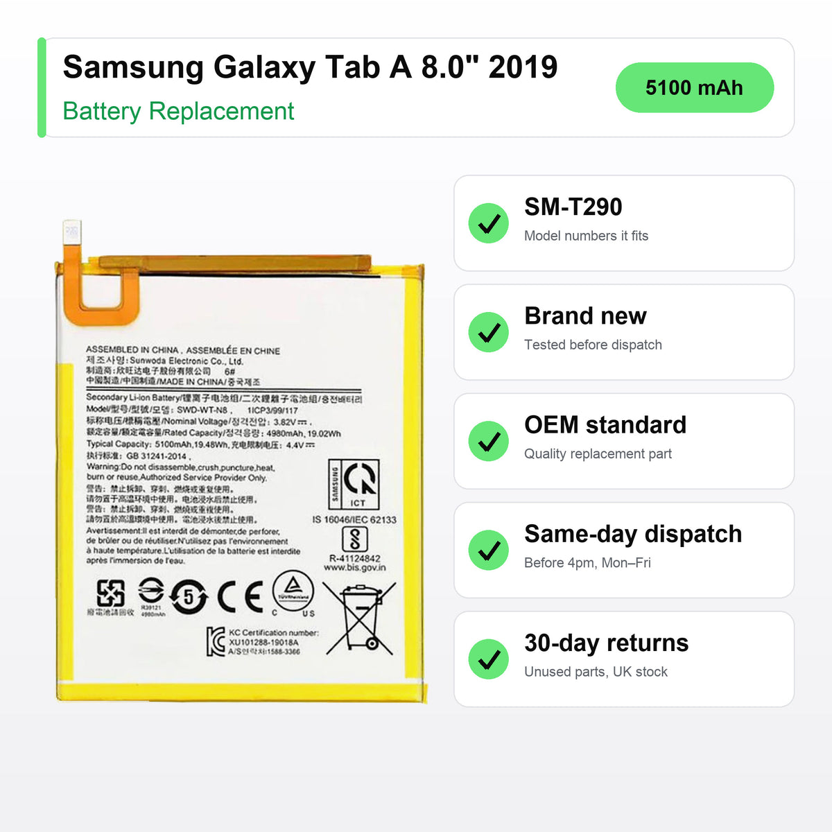 Samsung Galaxy Tab A 8.0" 2019 battery key facts: brand new, tested, same-day UK dispatch
