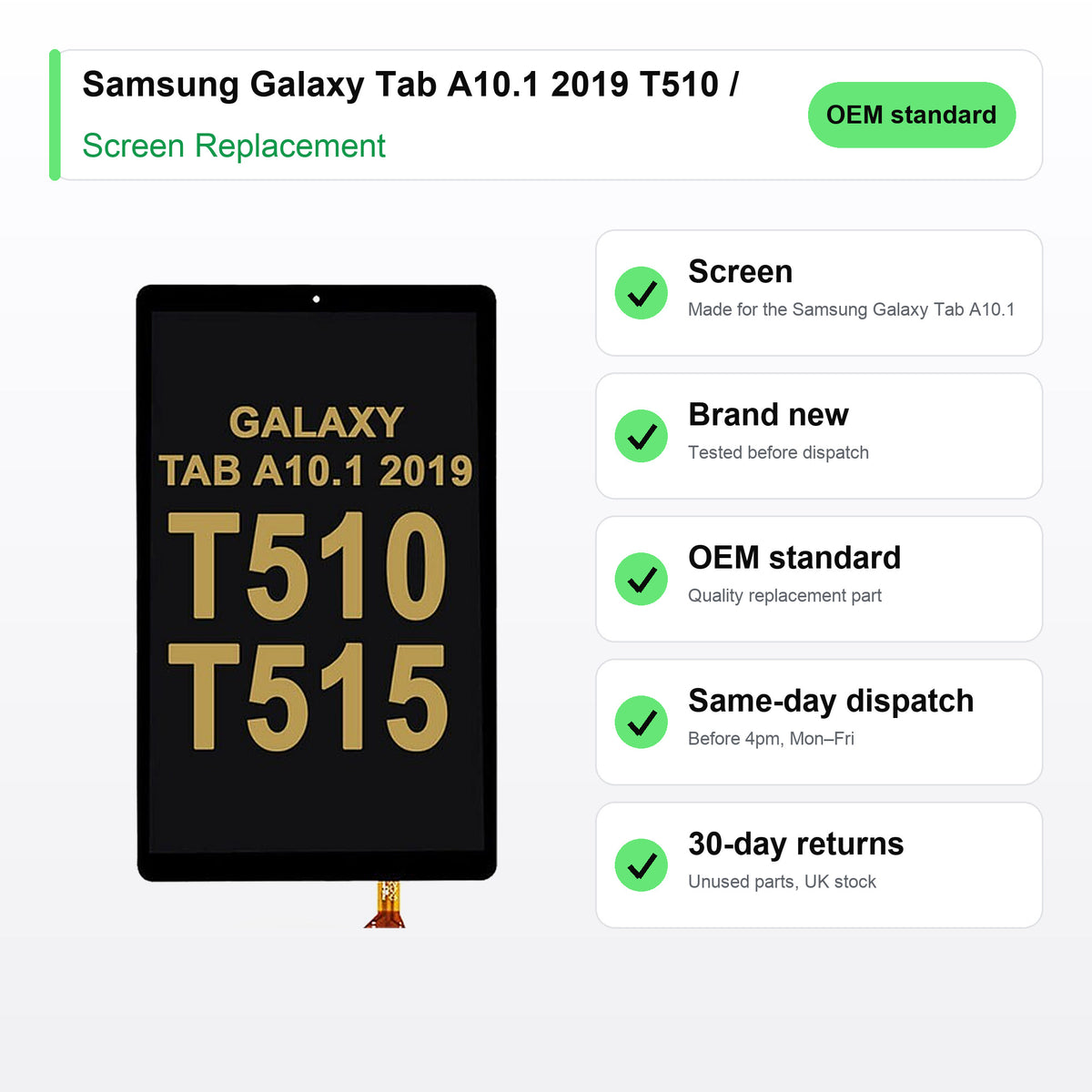 Samsung Galaxy Tab A10.1 2019 T510 / T515 screen key facts: brand new, tested, same-day UK dispatch