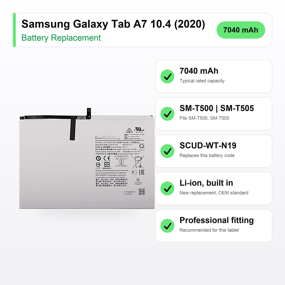Samsung Galaxy Tab A7 10.4 (2020) battery replacement specs: 7040 mAh, SM-T500, SCUD-WT-N19