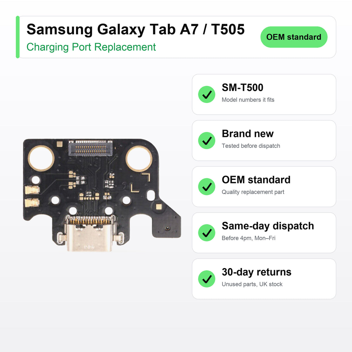 Samsung Galaxy Tab A7 / T505 charging port key facts: brand new, tested, same-day UK dispatch