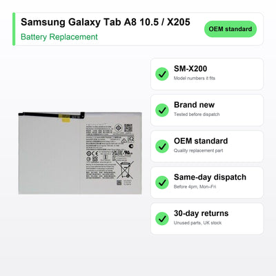 Samsung Galaxy Tab A8 10.5 / X205 battery key facts: brand new, tested, same-day UK dispatch