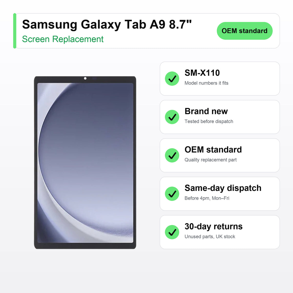 Samsung Galaxy Tab A9 8.7" screen key facts: brand new, tested, same-day UK dispatch