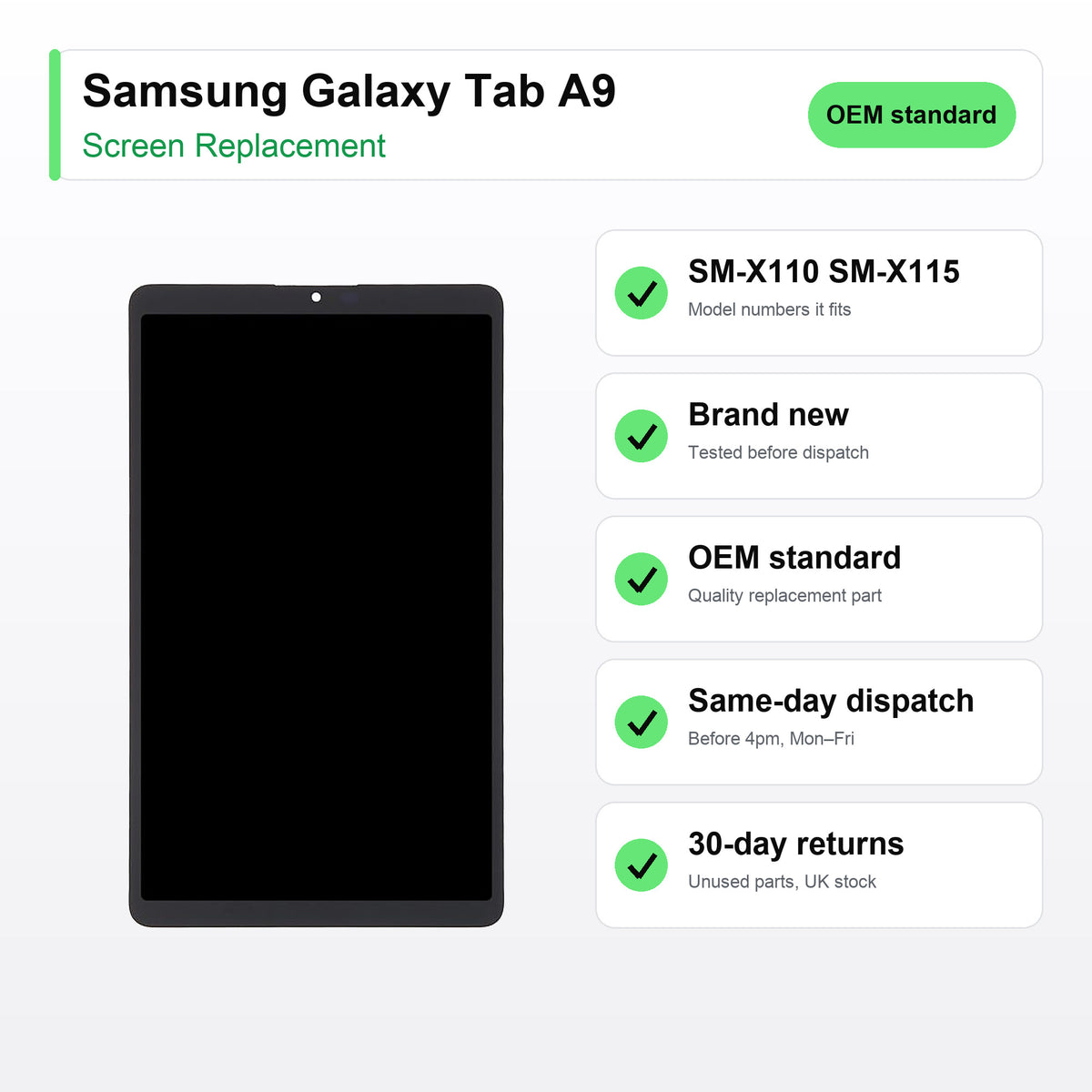 Samsung Galaxy Tab A9 screen key facts: brand new, tested, same-day UK dispatch