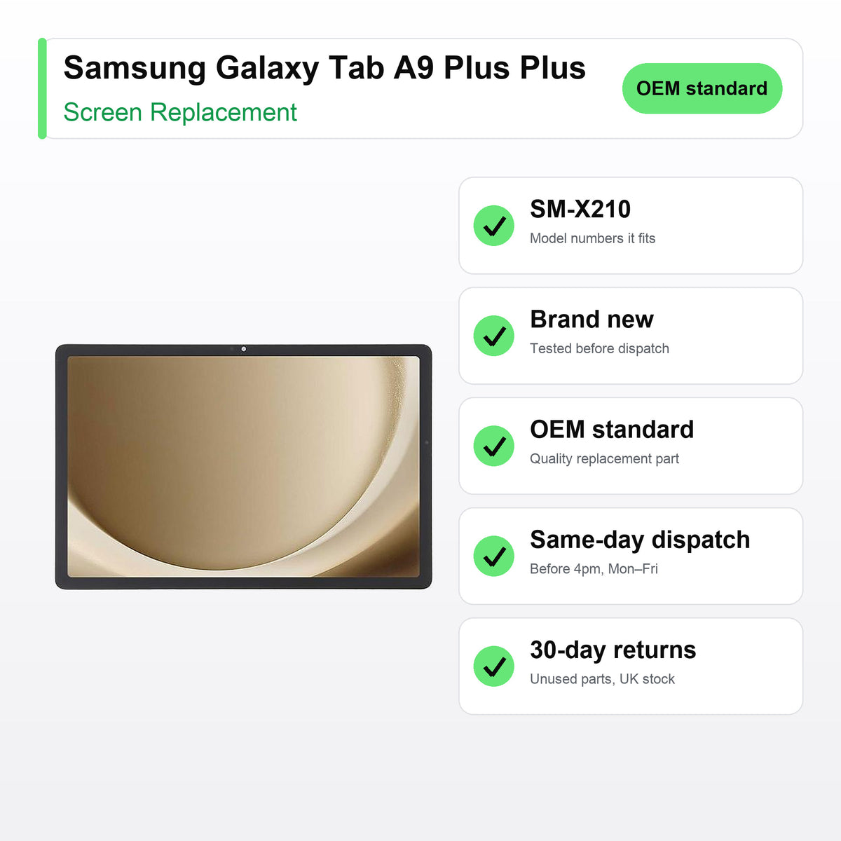 Samsung Galaxy Tab A9 Plus Plus screen key facts: brand new, tested, same-day UK dispatch