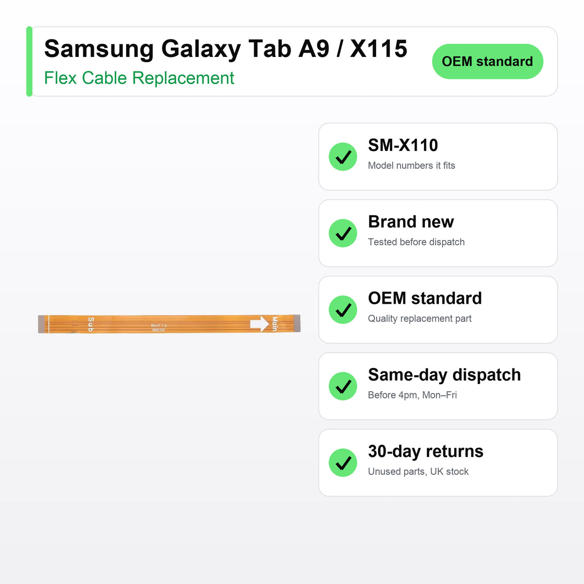Samsung Galaxy Tab A9 / X115 flex cable key facts: brand new, tested, same-day UK dispatch