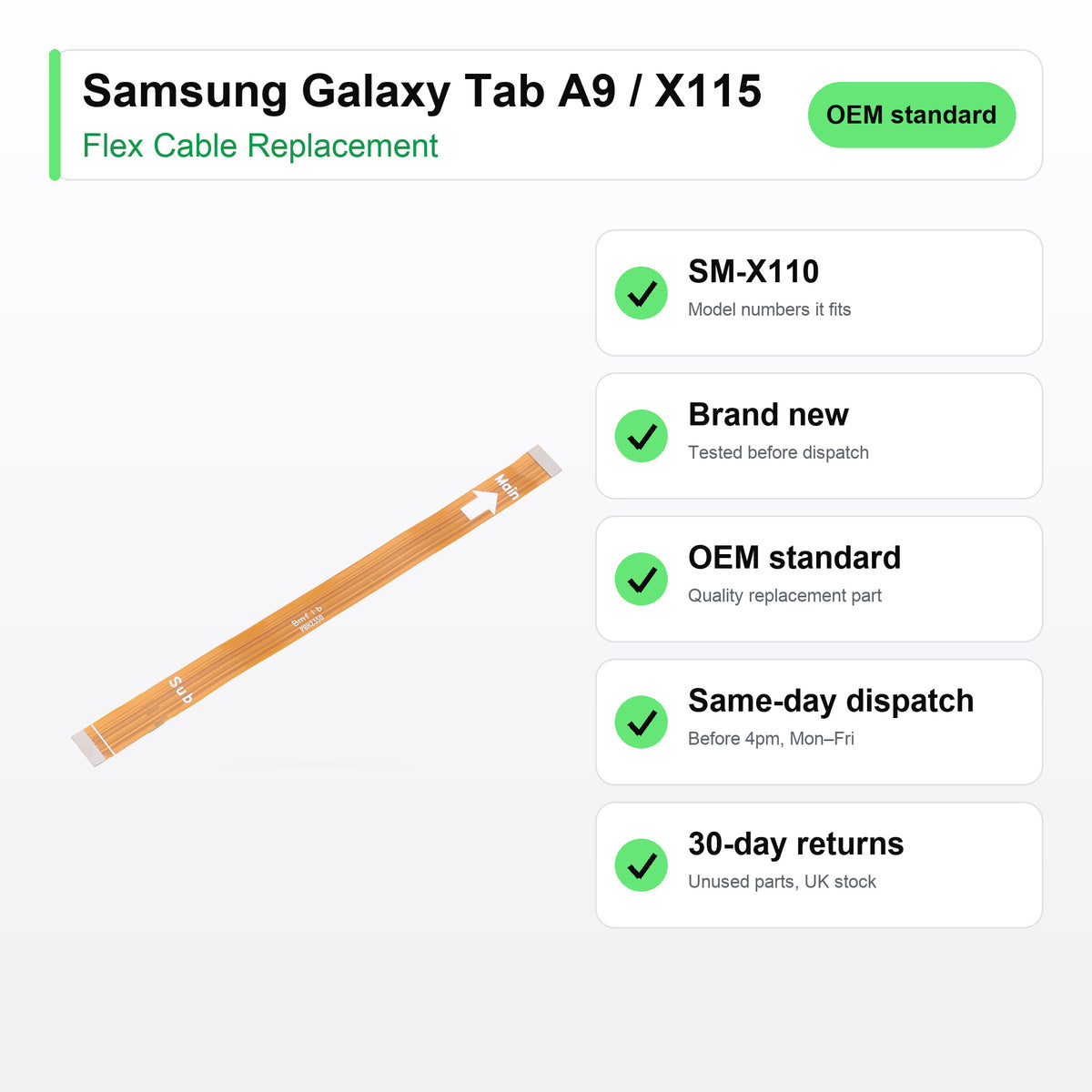 Samsung Galaxy Tab A9 / X115 flex cable key facts: brand new, tested, same-day UK dispatch