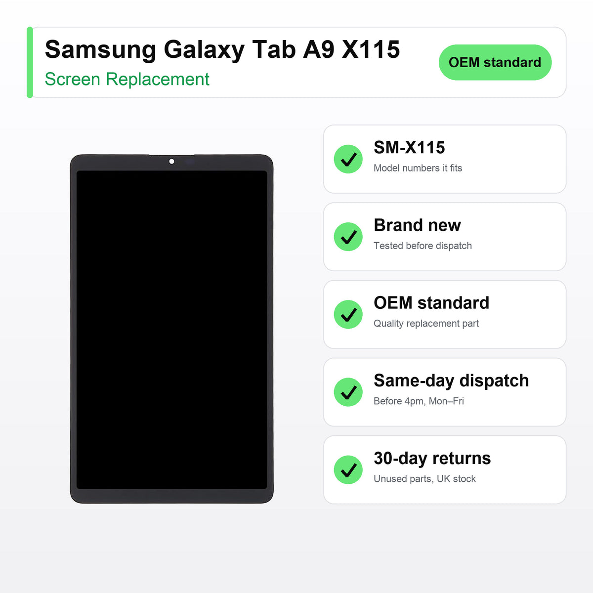 Samsung Galaxy Tab A9 X115 screen key facts: brand new, tested, same-day UK dispatch
