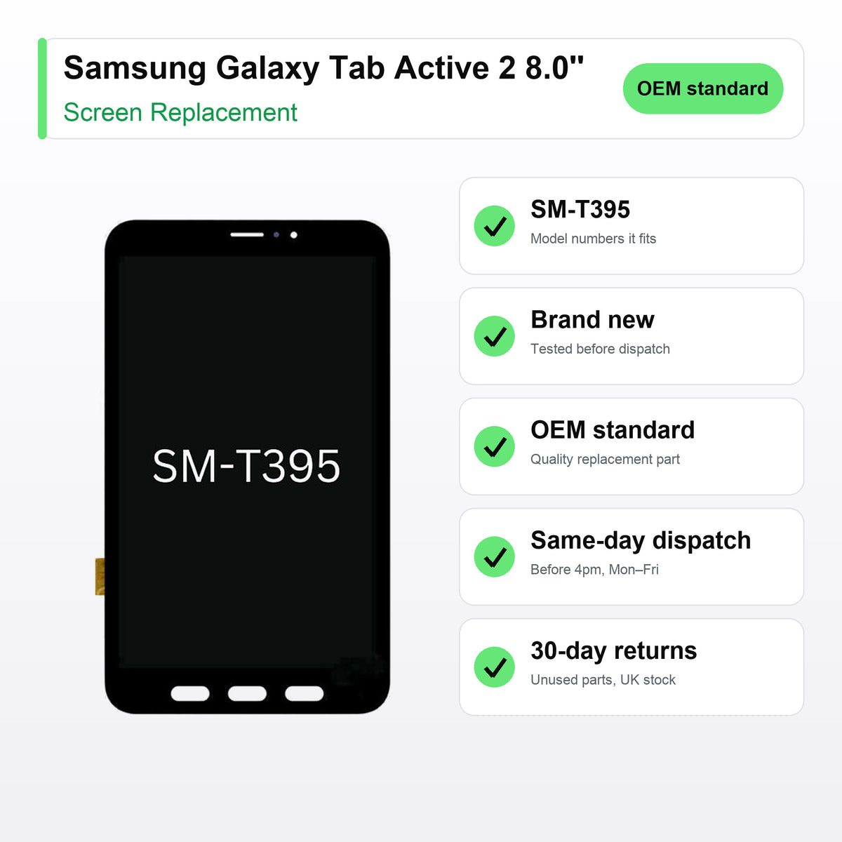 Samsung Galaxy Tab Active 2 8.0'' screen key facts: brand new, tested, same-day UK dispatch