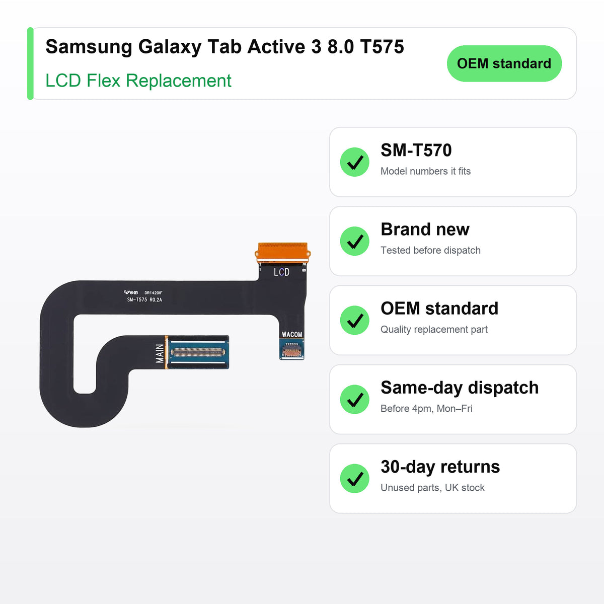 Samsung Galaxy Tab Active 3 8.0 T575 LCD flex cable key facts: brand new, tested, same-day UK dispatch