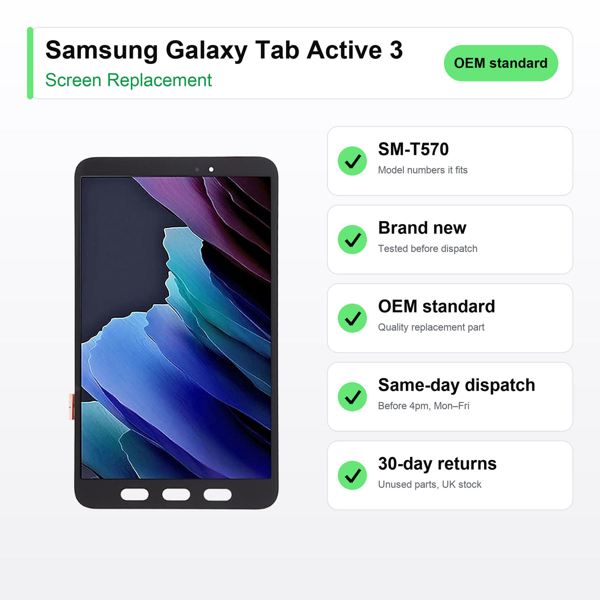 Samsung Galaxy Tab Active 3 screen key facts: brand new, tested, same-day UK dispatch