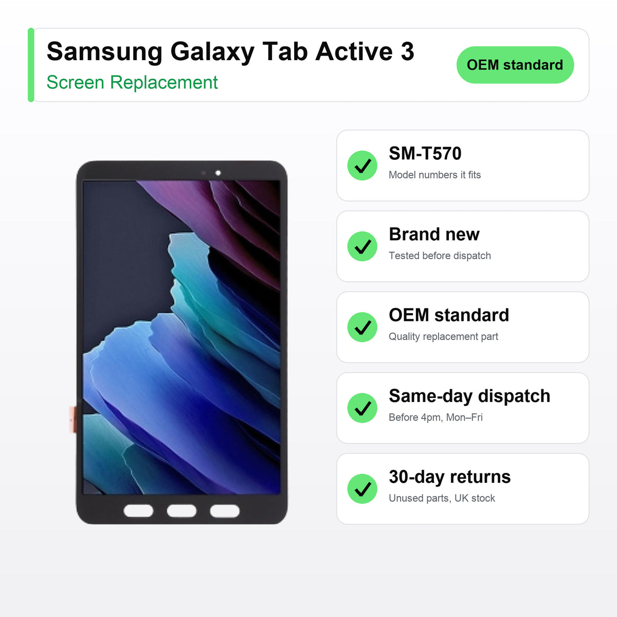 Samsung Galaxy Tab Active 3 screen key facts: brand new, tested, same-day UK dispatch