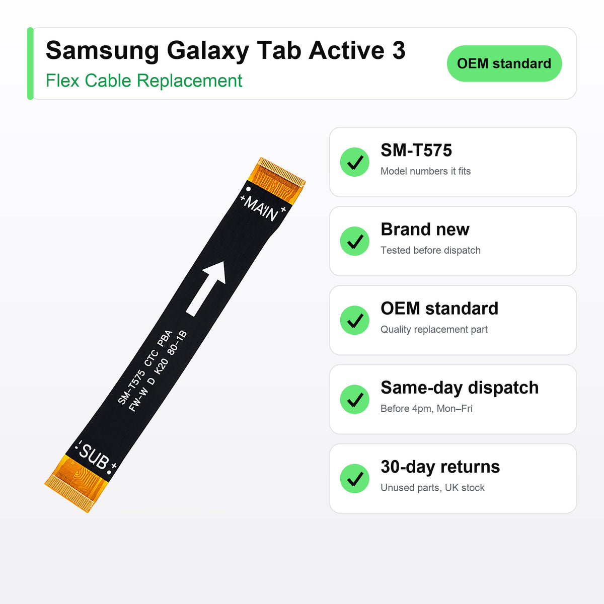 Samsung Galaxy Tab Active 3 flex cable key facts: brand new, tested, same-day UK dispatch