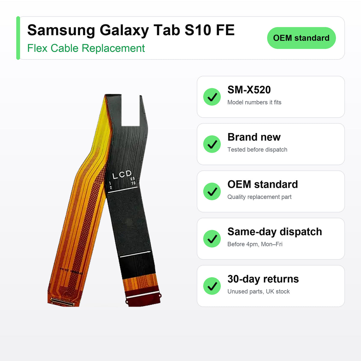 Samsung Galaxy Tab S10 FE flex cable key facts: brand new, tested, same-day UK dispatch