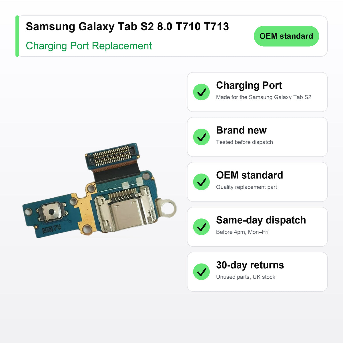 Samsung Galaxy Tab S2 8.0 T710 T713 charging port key facts: brand new, tested, same-day UK dispatch