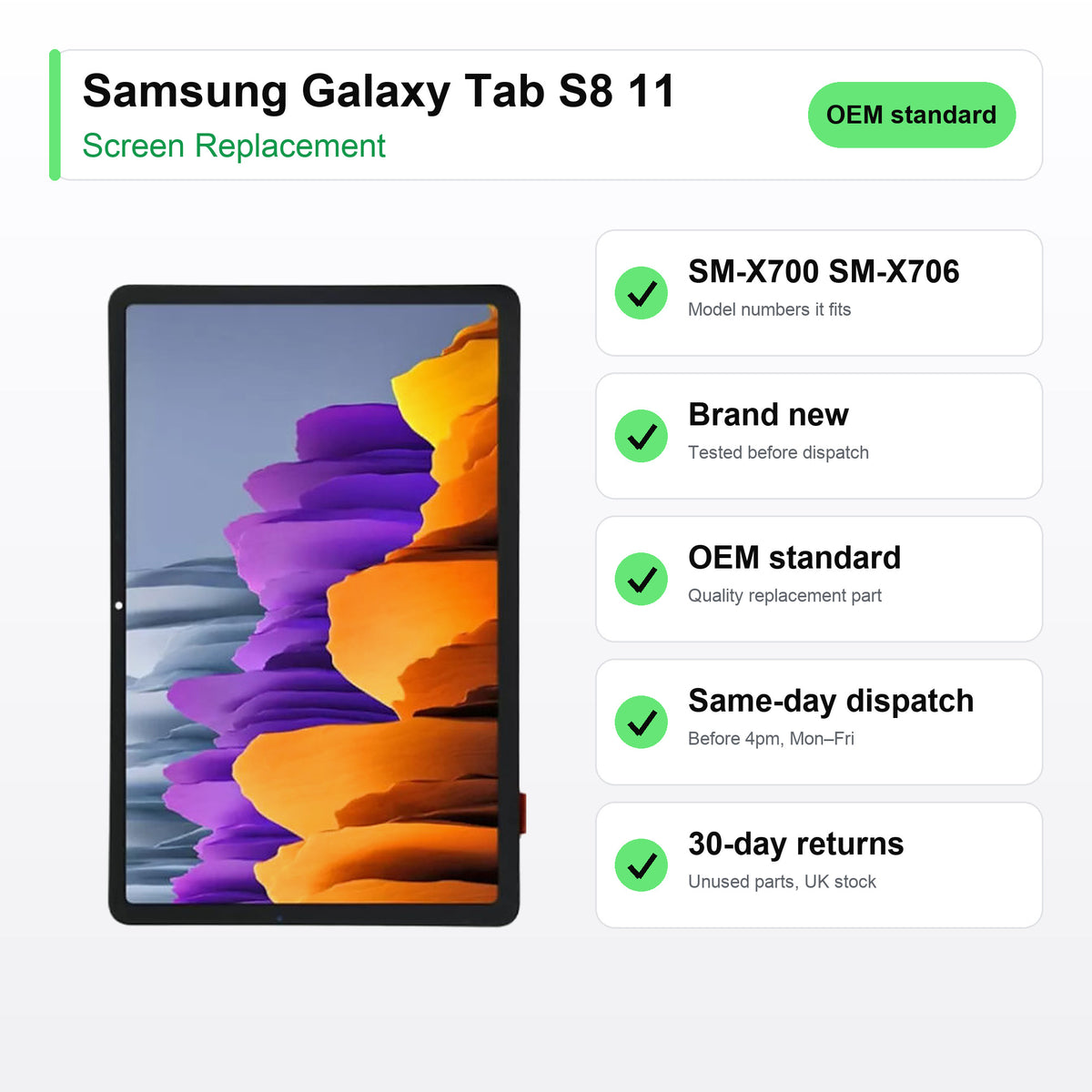 Samsung Galaxy Tab S8 11 screen key facts: brand new, tested, same-day UK dispatch