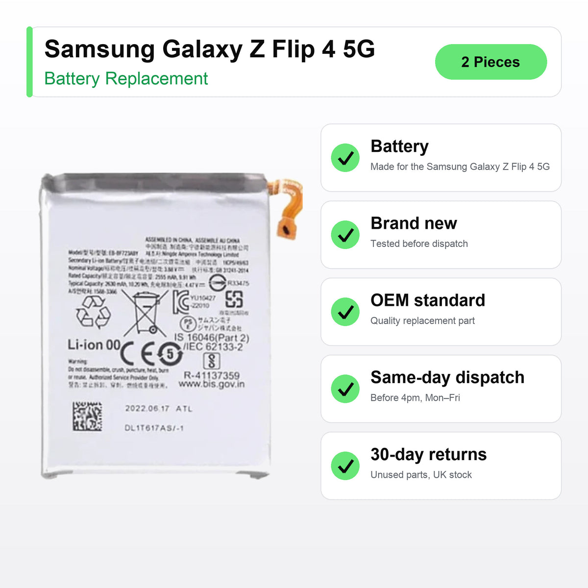 Samsung Galaxy Z Flip 4 5G battery key facts: brand new, tested, same-day UK dispatch