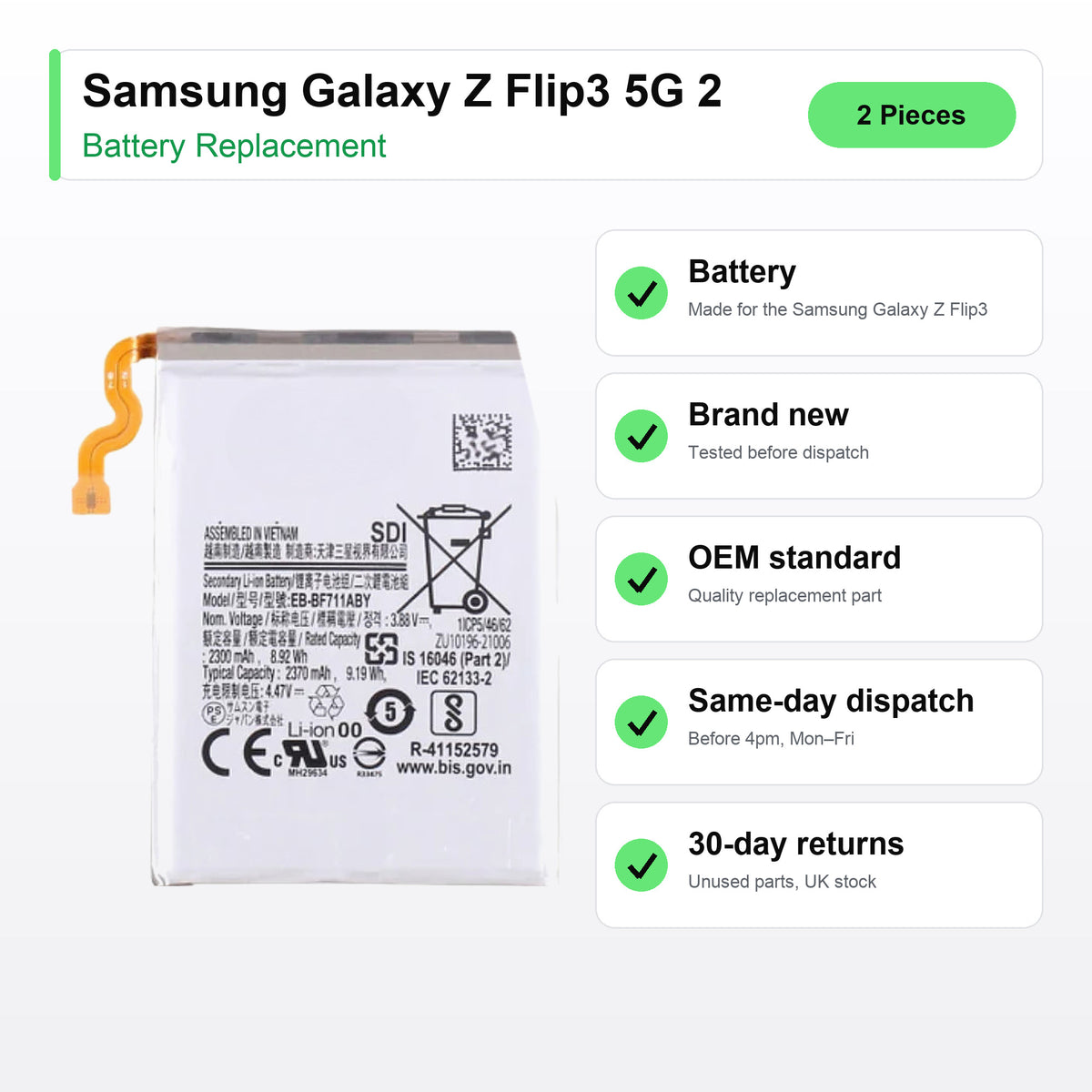 Samsung Galaxy Z Flip3 5G 2 battery key facts: brand new, tested, same-day UK dispatch
