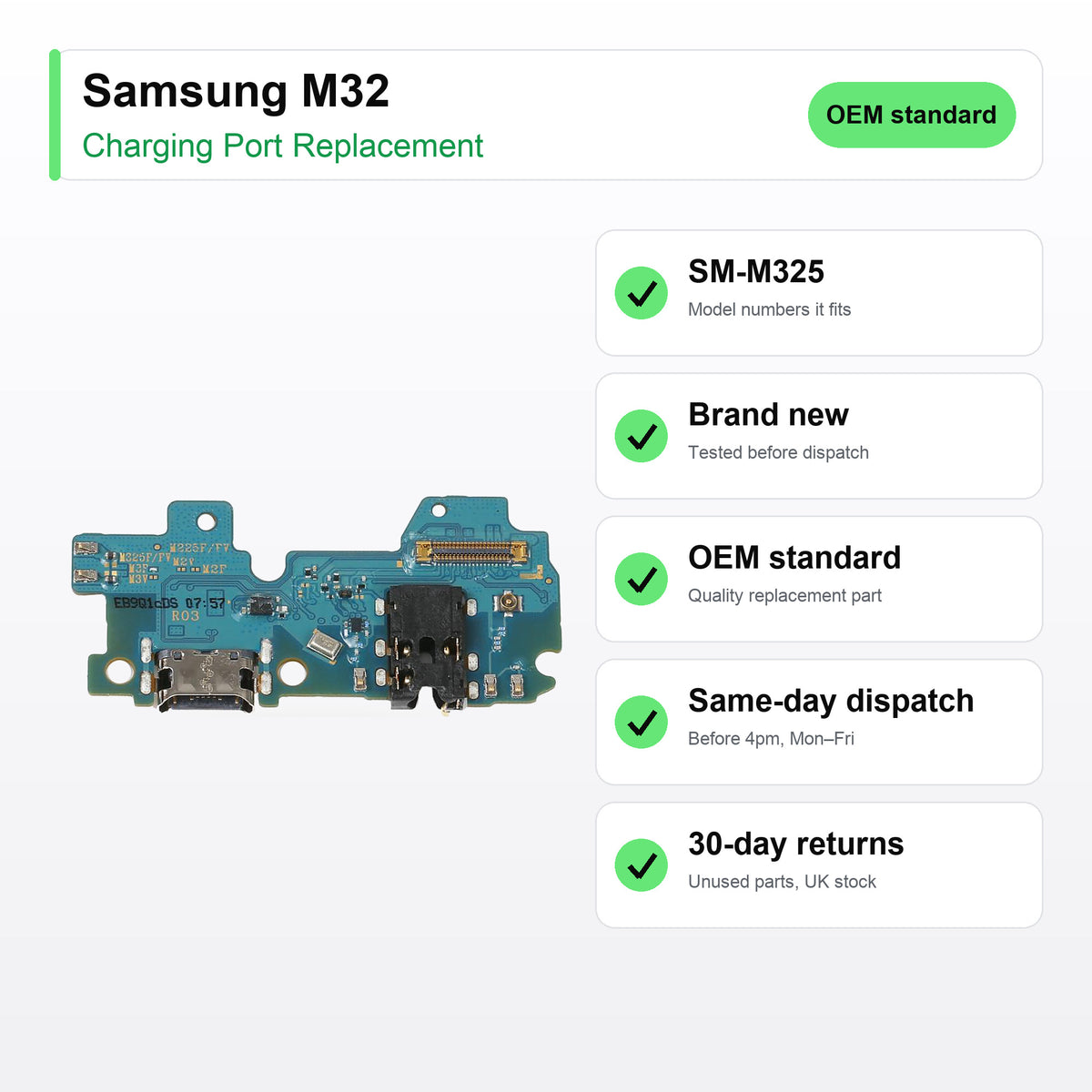 Samsung M32 charging port key facts: brand new, tested, same-day UK dispatch