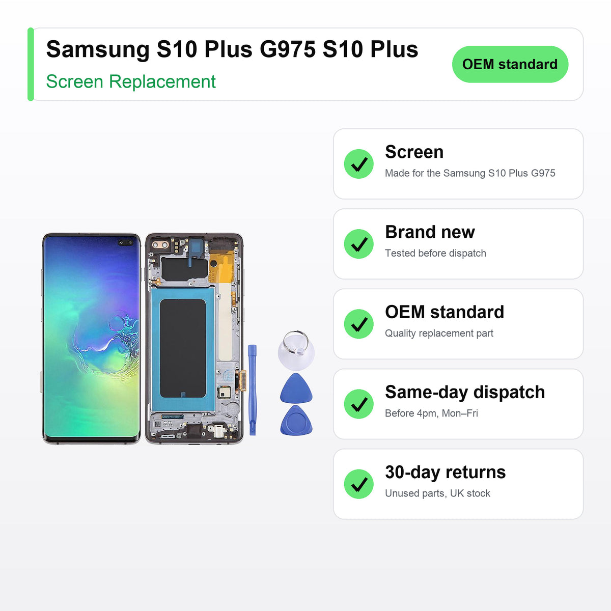 Samsung S10 Plus G975 S10 Plus screen key facts: brand new, tested, same-day UK dispatch