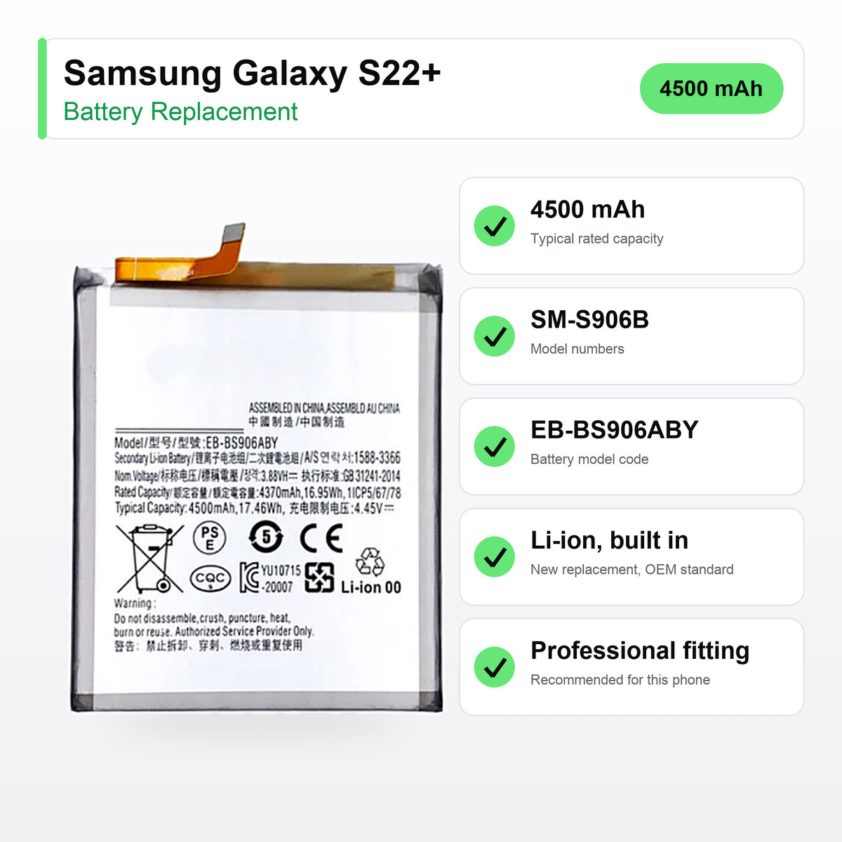 Samsung Galaxy S22+ battery replacement specs: 4500 mAh, SM-S906B, EB-BS906ABY