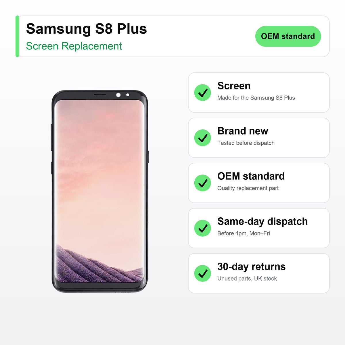 Samsung S8 Plus screen key facts: brand new, tested, same-day UK dispatch