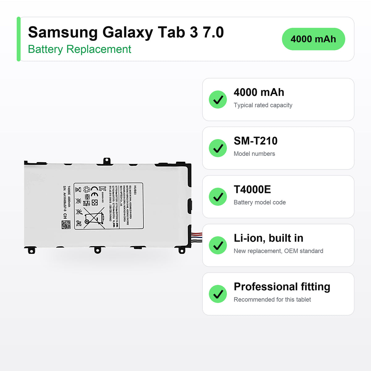 Samsung Galaxy Tab 3 7.0 battery replacement specs: 4000 mAh, SM-T210, T4000E