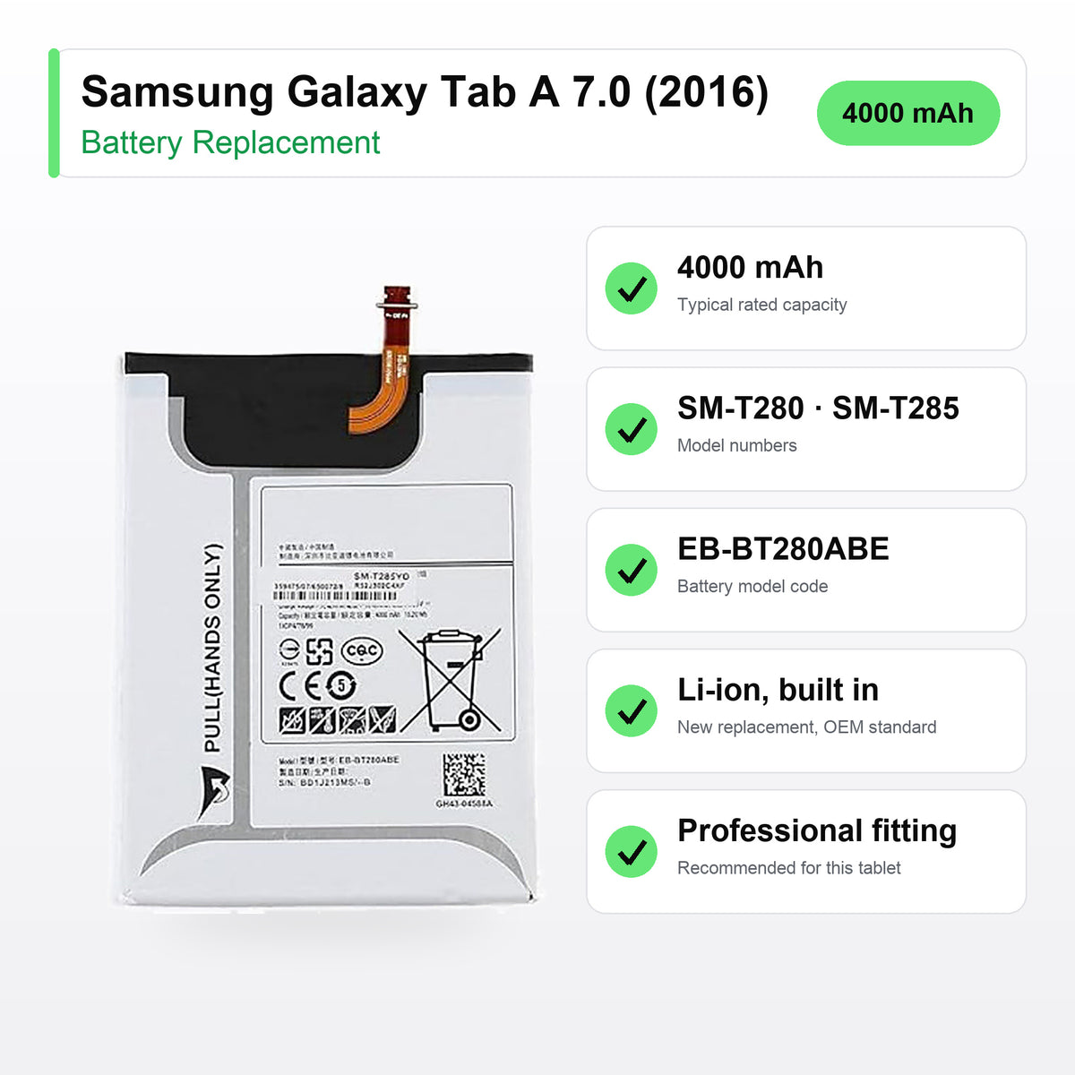 Samsung Galaxy Tab A 7.0 (2016) battery replacement specs: 4000 mAh, SM-T280, SM-T285, EB-BT280ABE