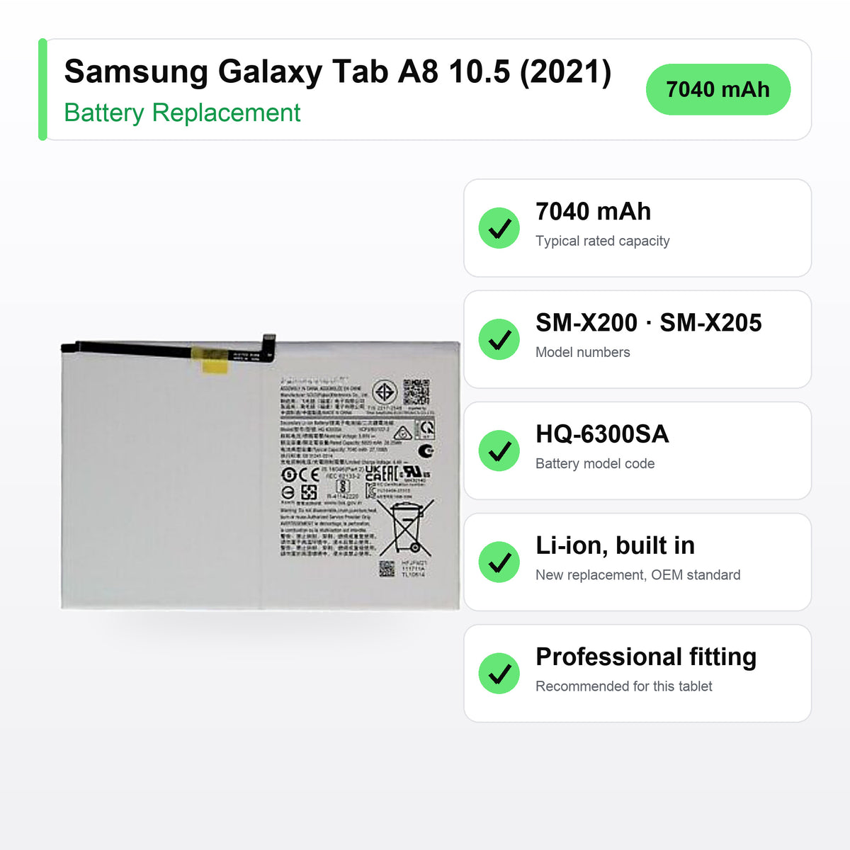 Samsung Galaxy Tab A8 10.5 (2021) battery replacement specs: 7040 mAh, SM-X200, SM-X205, HQ-6300SA