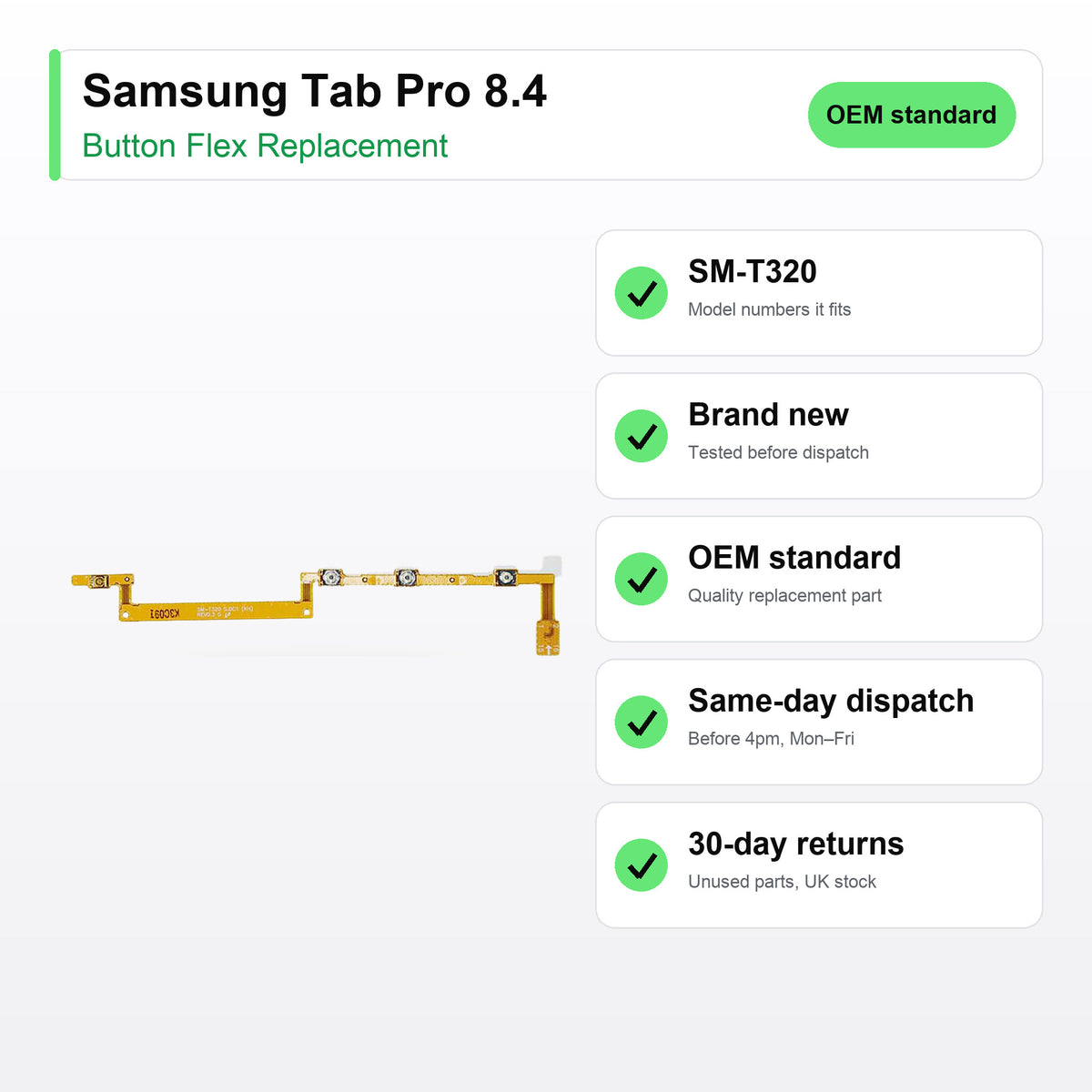 Samsung Tab Pro 8.4 button flex key facts: brand new, tested, same-day UK dispatch